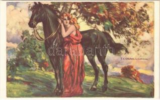 Italian lady art postcard, lady with horse. Anna & Gasparini 439-5. s: T. Corbella