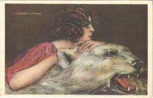 Italian lady art postcard, lady with polar bear. Anna & Gasparini 371-1. s: T. Corbella