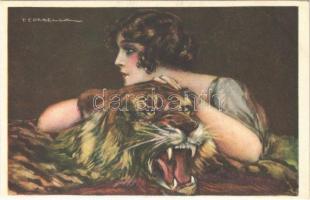 Italian lady art postcard, lady with tiger. Anna & Gasparini 371-5. s: T. Corbella