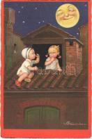 1932 Children art postcard, romantic couple at night. Ross-Monopol 2253. s: Colombo
