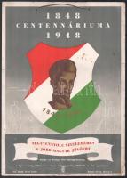 1848-1948 Centenáriumi plakát Petőfi Sándor arcképével, Darvas jelzéssel (Darvas Árpád?), lap tetején nemzetiszínű szalaggal sérült, kissé foltos, 34,5x24,5 cm