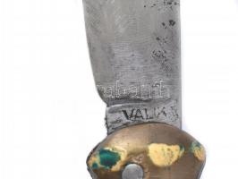 Jelzett vadász bicska, zsebkés, Válik jelzéssel a pengén, bőr tokkal 25 cm Réz és szarú markolattal,...