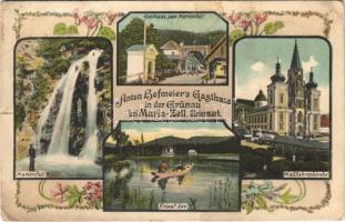 Mariazell (Steiermark), Anton Hofmeier's Gasthaus in der Grünau bei Maria-Zell, Marienfall, Erlauf-See, Gasthaus zum Marienfall, Wallfahrtskirche / inn, hotel, waterfall, rowing boat, lake, pilgrimage church. Art Nouveau, floral (tear)