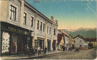 1917 Ruttka, Vrútky; Fő utca, Fisch Testvérek, Szétsényi Ferenc üzlete. Vasúti levelezőlapárusítás 12. sz. 1916. / main street, shops (EK)