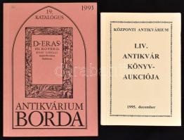 Az antikvár könyvaukció I-X. regisztere. Összeáll.: Borda Lajosné, Kundi Erzsébet. Bp., 1977, ÁKV Antikvár osztály. Kiadói egészvászon-kötés. Megjelent 1200 példányban. + 3 db antikváriumi könyvaukciós katalógus: 1995 Központi Antikvárium LIV. antikvár könyvárverés katalógusa; 1995 19. Ajánlójegyzék: Becses nyomtatványok és kéziratok, 1487-1994; 1993 17. Ajánlójegyzék: Kéziratos emlékek és ritka nyomtatványok, XV-XX. század.