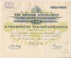 Veszprém 1926. A Veszprémi Takarékpénztár Részvénytársaság 10db részvénye egyben, 250P-ről, szárazpecséttel, szelvényekkel T:II-