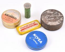 5 db régi gyógyszeres, krémes fémdoboz, kopottas állapotban