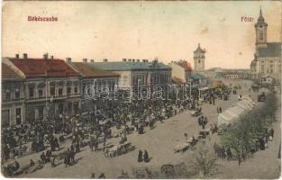 1912 Békéscsaba, Fő tér, piac, üzletek (ragasztónyom / gluemark)