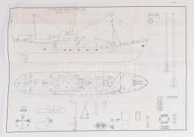 1984 A Vedette angol cirkáló hadihajó és az Okean szovjet halászhajó összeállítási- és részletrajzai, M: 1:100 és 1:50, Somoskői Ernő: Élethű versenyhajó-modellek építése c. könyv mellékletei, 69x49,5 cm