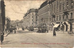 1910 Budapest II. Margit körút a Rózsadombbal, Szeiffert kávéház, villamosok, csendőr, Wohlmuth A. üzlete, drogéria (gyógyszertár) (r)