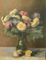 Szigeti Jenő (1881-1944): Virágcsendélet. Pasztell, papír. Üvegezett, dekoratív, sérült fa keretben. 50x40 cm