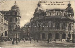 1910 Genova, Genoa; Via XX Settembre e nuovo Palazzo della Borsa / street view, tram, palace