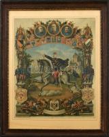 cca 1900-1915 Huszár katonai emléklap, litográfia, papír, arc helyére fotó beragazstva, lapszélei kisebb szakadással és folttal. Üvegezett, dekoratív fa keretben. 45x37 cm