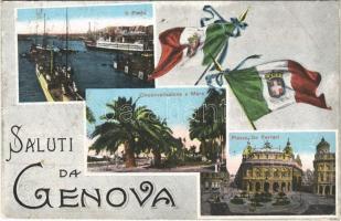 1917 Genova, Genoa; Saluti da Genova. Il Porto, Circonvallazione a Mare, Piazza de Ferrari / port, steamship, street view, square, tram, Italian flags (EK)
