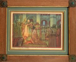 Üvegezett, dekoratív, sarkaiban veretekkel díszített fa keretben Szent István koronázása, litográfia, papír. Belső méret: 27x34,5 cm