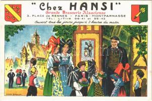 Chez Hansi Grande Brasserie Alsacienne. Place de Rennes, Paris / French restaurant advertisement card s: Marcel Derulle