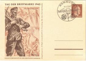 1942 Tag der Briefmarke. Organisation Todt. Einheitsorganisation der Deutschen Sammler / WWII Day of the German Stamp, NSDAP German Nazi Party propaganda, Adolf Hitler, swastika; 3 Ga. s: Axster-Heudtlass + Tag der Briefmarke 11. 1. 1942. Hamburg So. Stpl.