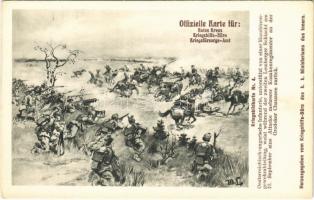 1914 Kriegsbildkarte Nr. 4. Oesterreichisch-ungarische Infanterie, unterstützt von einer Maschinengewehrabteilung, weist während der zweiten Lemberger Schlacht am 10. September eine Attacke mehrerer Kosakenregimenter an der Grodeker Chaussee zurück. Offizielle Karte für Rotes Kreuz, Kriegshilfsbüro, Kriegsfürsorgeamt / WWI Austro-Hungarian K.u.K. and German military art postcard. Austrian-Hungarian infantry, supported by a machine-gun division, rejects an attack by several Cossack regiments near Gródek (Horodok, now Ukraine) during the second Battle of Lemberg (Lviv, Lwów) on 10 September 1914 s: M. Ledeli (EK)