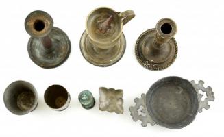 XVIII-XIX. sz. antik ón és alpakka tárgyak. 3 gyertyatartó, 4 tálka, egy tartozék. 24 cm-ig