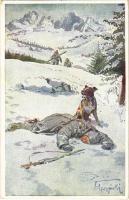 Offizielle Postkarte zu gunsten der Hilfsaktion Kälteschutz Nr. 389. K.H.B. / WWI Austro-Hungarian K.u.K. military art postcard, winter support fund, sanitary dog. artist signed
