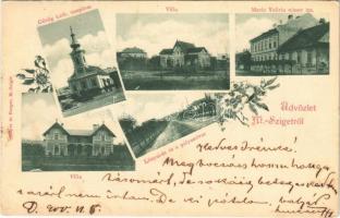 1900 Máramarossziget, Sighetu Marmatiei; Görögkatolikus templom, Villa, Mária Valéria nőnevelő intézet, Lónyai út és a pályaudvar. Mayer és Berger kiadása / Greek Catholic church, villa, girls boarding school, street view, railway station. Floral (EK)