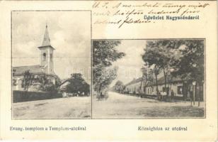 1923 Nagyszénás, Evangélikus templom a Templom utcával, Községháza, üzlet (fl)