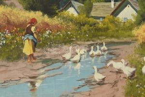 Szalay jelzéssel: Libapásztorlány. Olaj, vászon. 60x80cm, sérült keretben