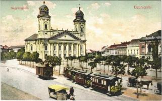 1915 Debrecen, nagytemplom, utcai árus, városi vasút, kisvasút Schicht reklámmal. Horovitz Zsigmond kiadása