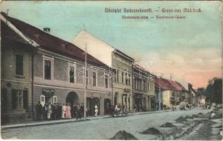 1912 Szászsebes, Mühlbach, Sebesul Sasesc, Sebes; Siculorum utca, Wachsmann & Dück húscsarnok, Georg Lannert üzlete, gyógyszertár / Gasse / street, butcher shop, pharmacy