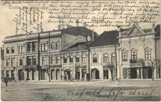 1910 Eperjes, Presov; Fő utca, Wenczel István, Sóska, Mikolik és Linkesch üzlete, Első Eoerjesi Temetkezési Intézet. Cattarino S. utóda Földes Samu kiadása / main street, shops, funeral home (Rb)