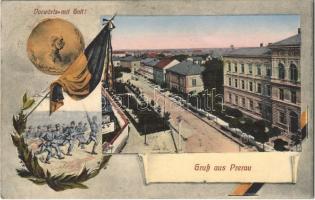 1915 Prerov, Prerau; Vorwärts mit Gott! / street. Art Nouveau with military propaganda, coin and flag