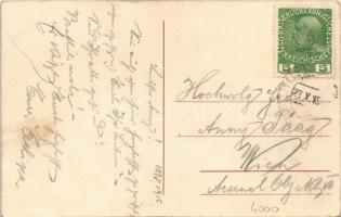 1915 Prerov, Prerau; Vorwärts mit Gott! / street. Art Nouveau with military propaganda, coin and fla...