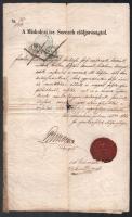 1860 A Miskolczi izr. sorczéh igazolása szabólegény részére a céh viaszpecsétjével és aláírásokkal. Hajtott, lyukkal.