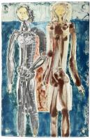 Misch Ádám (1935-1995): Lányok (cím nélkül), 1960-65 körül. Tűzzománc, fémlemez, jelzett, 22x15 cm