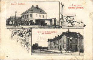 Sollenau-Petrifeld (Solenau), Rudolf Grubers Gasthaus, K.k. Militär Schleppbahn am Steinfeld / restaurant, military mine railway station. Art Nouveau, floral (EK)