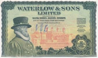 Nagy-Britannia ~1900. Waterlow & Sons Limited bankjegy, postai bélyeg, részvény véső és nyomtató cég reklámja, melynek egyik oldala bankjegy-, másik oldala részvényszerű T:III hajtatlan, ollóval körülvágva United Kingdom ~1900. Waterlow & Sons Limited banknote- and share-like advertisement of an engraver and printer of banknotes, postage stamps and share certificates C:F unfolded, trimmed with scissors