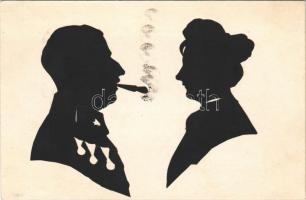 1918 Sziluett művészlap katonával és hölggyel / WWI Austro-Hungarian K.u.K. military silhouette art postcard, officer with lady