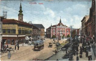 Újvidék, Novi Sad; Corsó, villamos, piac, Szerb takarékpénztár, Bazár az Olcsó Forráshoz / street, tram, shops, market