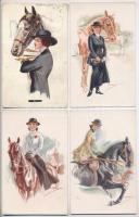 8 db RÉGI motívum képeslap: hölgyek és lovak művészlapok / 8 pre-1945 motive postcards: ladies with horses art postcards (signed by Usabal, Wallace, Fisher, Barber)