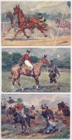 8 db RÉGI sport motívum képeslap: lóverseny, lovaglás; Ludwig Koch szignóval / 8 pre-1945 sport motive postcards: horse racing, riding; signed by Ludwig Koch (B.K.W.I.)