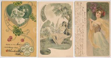 4 db RÉGI szecessziós hölgy művészlap / 4 pre-1945 Art Nouveau lady art postcards, litho