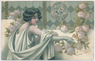 4 db RÉGI szecessziós hölgy művészlap / 4 pre-1945 Art Nouveau lady art postcards, litho