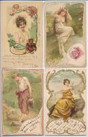 4 db RÉGI szecessziós hölgy művészlap / 4 pre-1945 Art Nouveau lady art postcards, litho