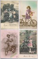 4 db RÉGI motívum képeslap: gyerekek kerékpárral / 4 pre-1945 motive postcards: children with bicycles