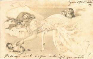 1905 Lady with cats. litho (fl)