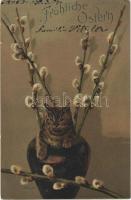 1904 Fröhliche Ostern / Easter greeting art postcard with cat in a vase. Emb. litho s: Mailick (apró lyuk / tiny pinhole)