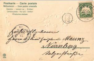 1904 Fröhliche Ostern / Easter greeting art postcard with cat in a vase. Emb. litho s: Mailick (apró...