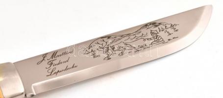 J. Marttiini vadászkés, eredeti bőr tokjában, eredeti, kissé sérült karton dobozában, penge: 16,5 cm...