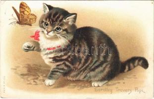 1913 Cat with butterfly. Misch & Co.s Pretty Puss Series No. 805. litho s: Dorothy Travers Pope (EK)