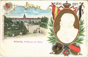 1852-1902 Friedrich, Großherzog von Baden. Art Nouveau, Emb. litho with coat of arms and flags (EK)